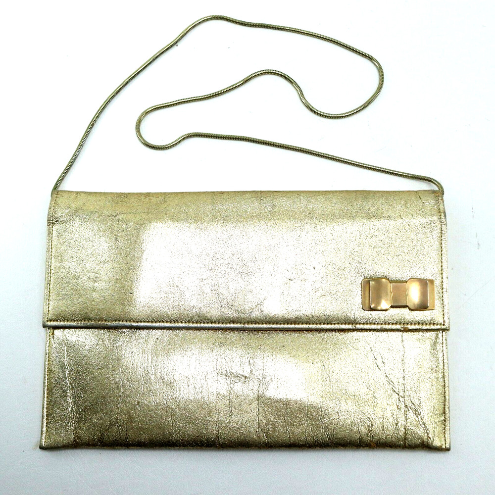 Vtg 80s Shirl Miller Clutch Purse S Gold Leather Envelope Clutch Chain Bow